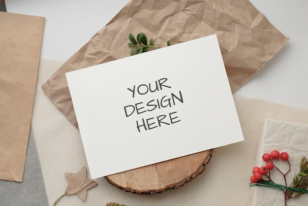 PSD christmas zero waste mockup-kaart, milieuvriendelijke verpakking. ecologisch kerstvakantieconcept, eco-decor.