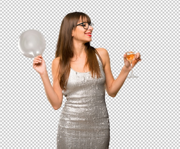 PSD christmass holidays. woman wearing a sequined dress with champagne celebrating new year 20
