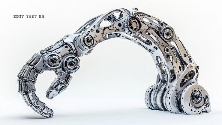 PSD chrome robotic arm metallic mechanical detailed complex articulated isolated white background