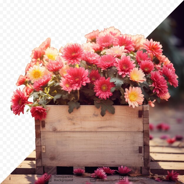 PSD chrysanthemums in a wooden box in the garden