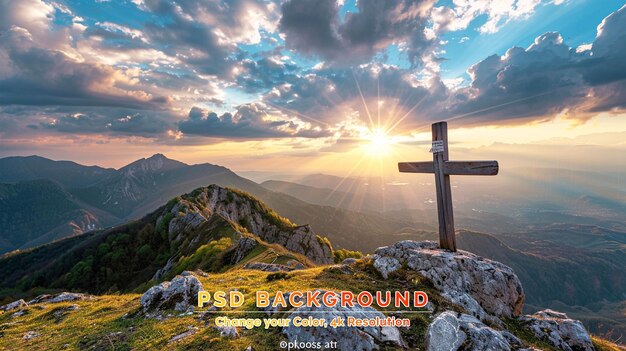 PSD chrześcijański krzyż na szczycie skały z jasnym promieniem słońca na kolorowym tle nieba