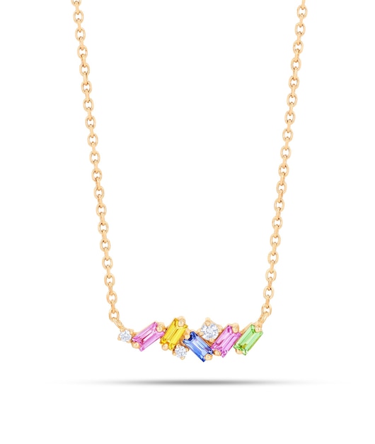 PSD chunky gold necklace with multi color stone front view