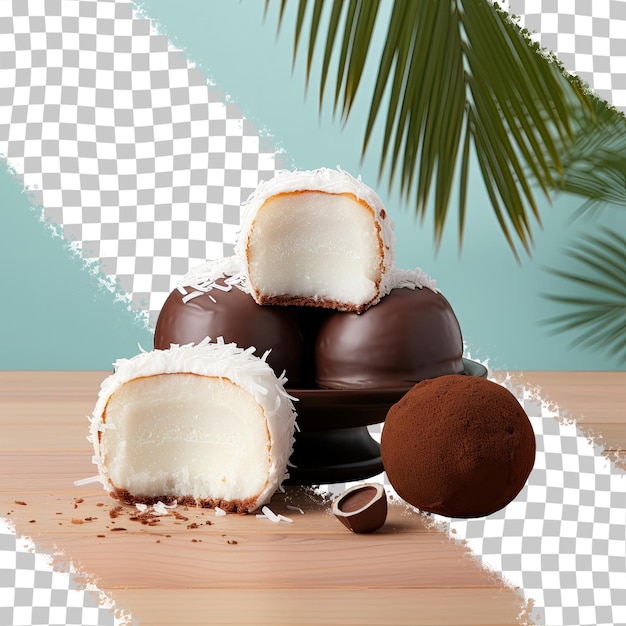 PSD ciasto czekoladowe z kulkami kokosowymi i znakiem sprzedaży na stole