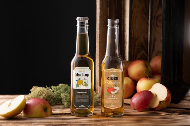 PSD cider bottle mockup with fruits