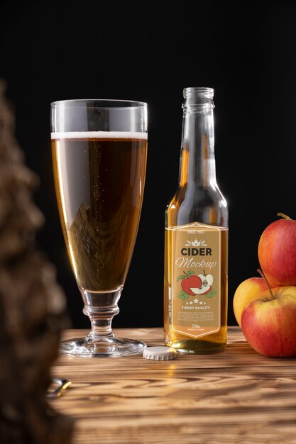 Cider bottle mockup with fruits