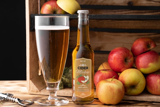 PSD cider bottle mockup with fruits