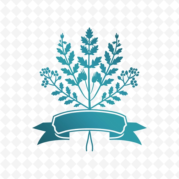 PSD logo del distintivo cilantro sprig con nastro decorativo e collezioni di design vettoriale di erbe floreali