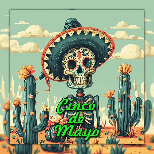 PSD cinco de mayo background with cactus and skulls traditional culture mexican cultural festival