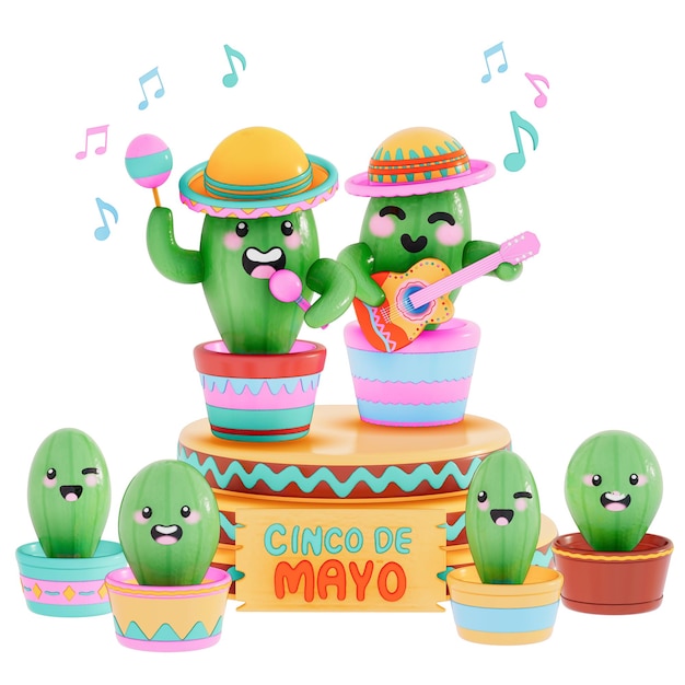 PSD cinco de mayo cute cactus su un mini palcoscenico rendering 3d