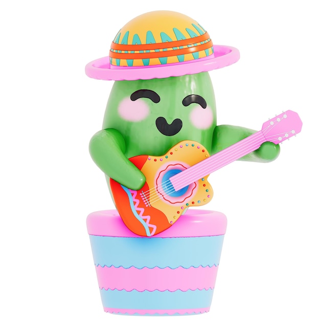 Cinco De Mayo Cute Cactus with a tiny guitar 3D Rendering