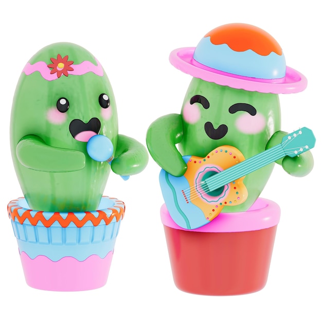 PSD cinco de mayo cute cactus z małą gitarą 3d rendering