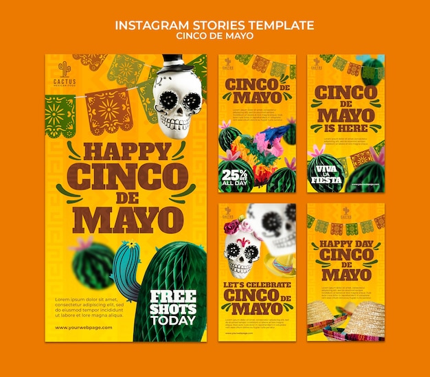 PSD collezione di storie di instagram cinco de mayo con cactus e teschi