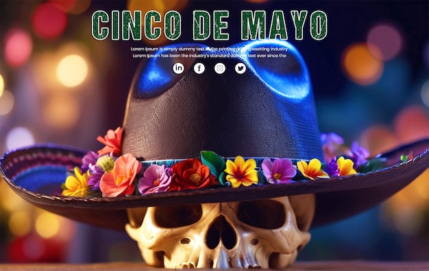 Cinco De Mayo Piękny Post Społeczny O Czaszce Z Meksykańskim Projektem Plakatów I światłami Bokeh