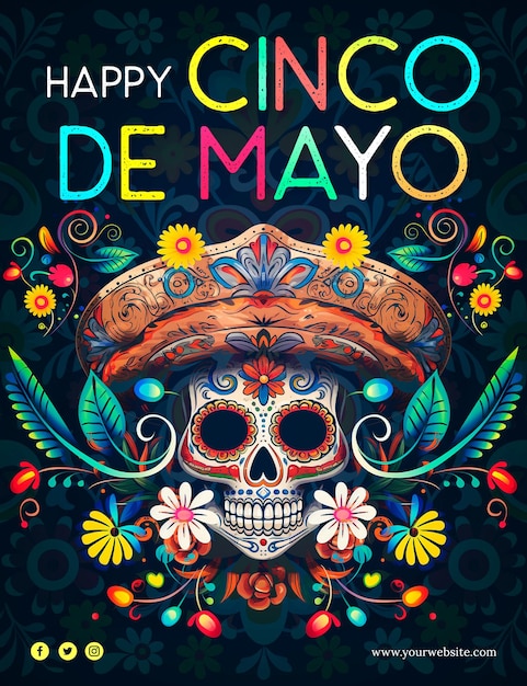 Cinco de Mayo-poster met Mexicaanse schedel die een hoed met Mexicaans ornament draagt