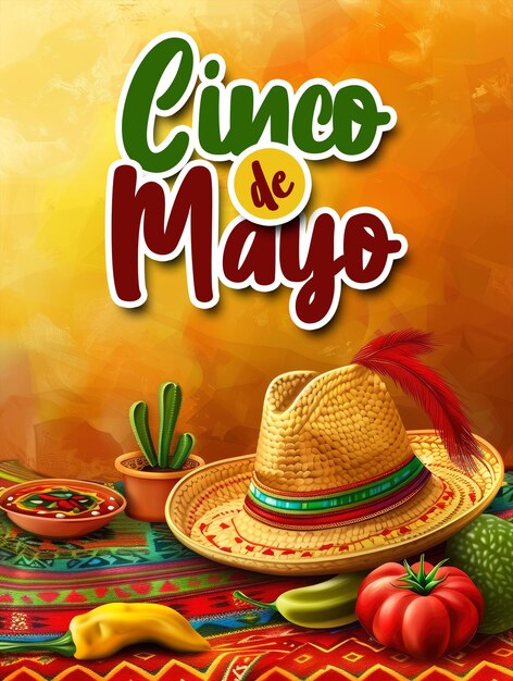 Cinco de mayo poster template with a cowboy hat and cactus background and a minimalist background