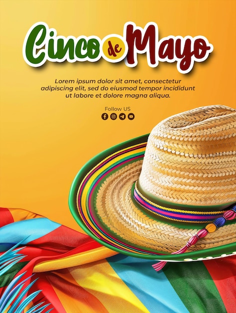 PSD modello di poster cinco de mayo con cappello da cowboy e sfondo di cactus e sfondo minimalista