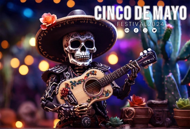 PSD cinco de mayo poster with a beautiful skull wearing a straw hat template