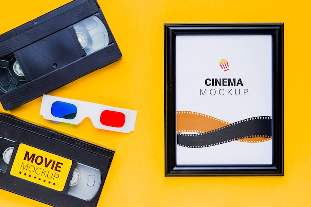 PSD cinema mock-up old tapes and 3d glasses