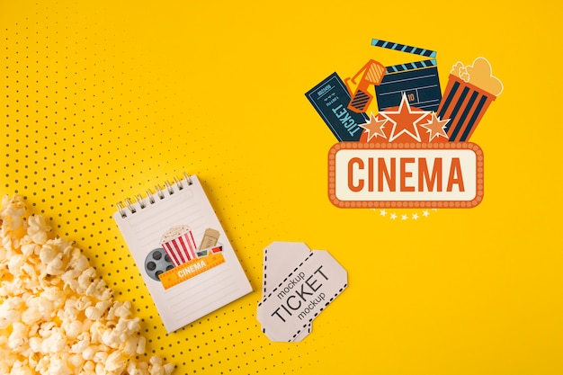 Cinema tickets and popcorn top view