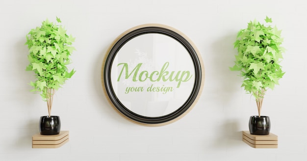 circle black frame mockup on the white wall with wooden wall decoration