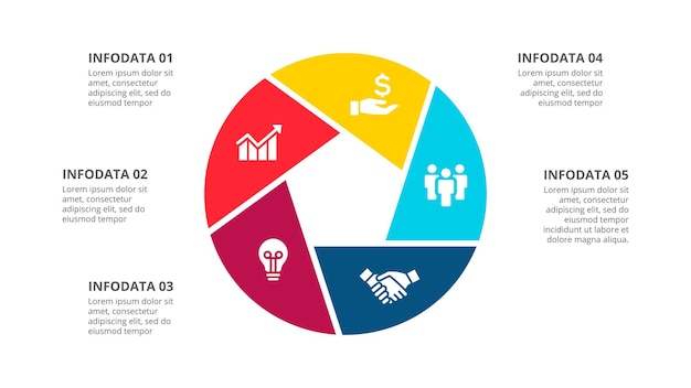 PSD diagramma circolare diviso in 5 segmenti concetto di cinque opzioni infografica