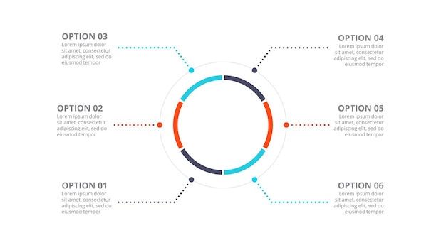 PSD diagramma circolare diviso in 6 parti modello di diapositiva infografica