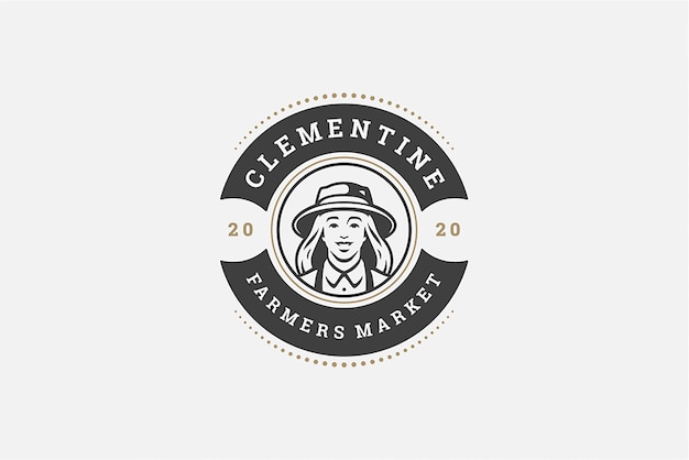 Circle farm market food production logo design template smiling woman agricultural worker
