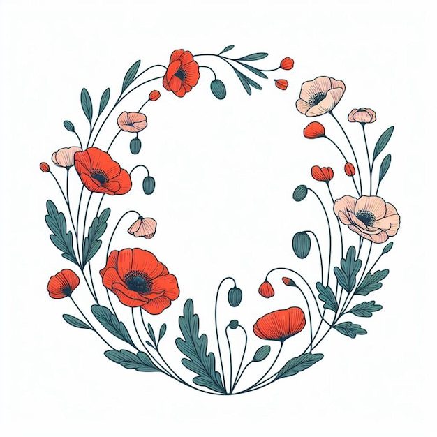 PSD circle frame simple poppy flowers and leaves