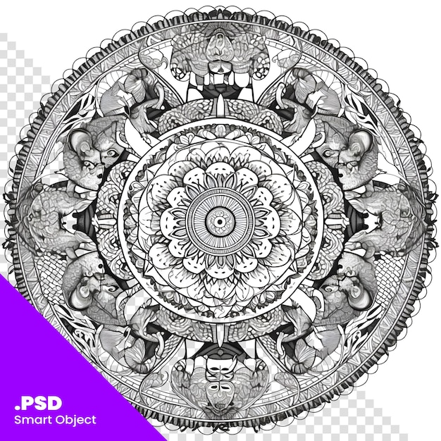 PSD circle mandala with elephants hand drawn illustration for coloring book psd template
