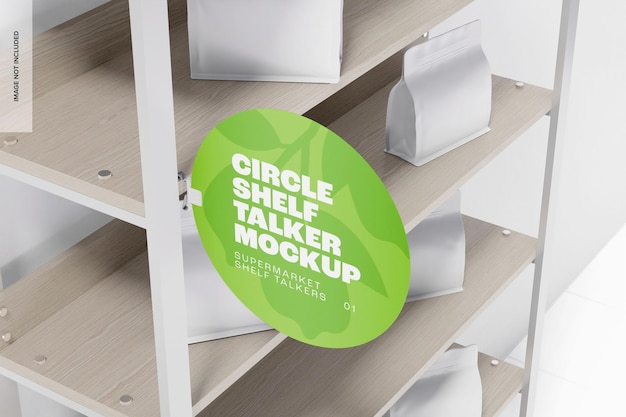 Circle shelf talker mockup, high angle view