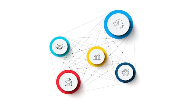 PSD circles connected with thin lines and dotes infographic with 5 options