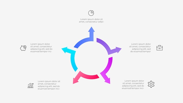 Circular Business Process Diagram with Icons and 5 Gradient Arrows