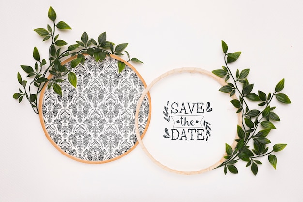 PSD circular frames with leaves save the date mock-up