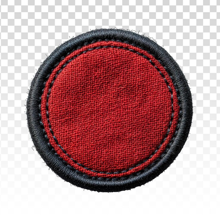 PSD circular red patch with black trim and intricate stitching isolated on transparent background
