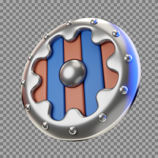 PSD circular shield of metal and wood blue and brown in stylized 3d