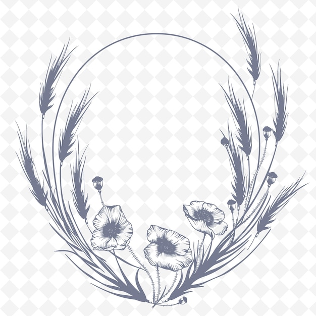 PSD citrine line art with wheat stalks and poppies for decoratio outline scribble arts of nature decor