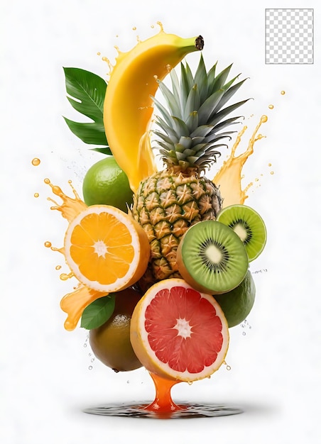 PSD citrus juice colored composition with realistic fresh fruits and splash of juice
