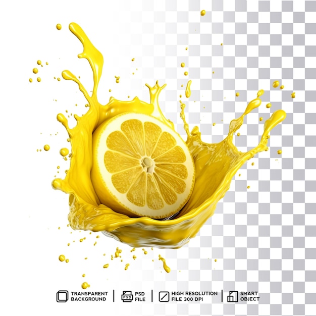 PSD Цитрусовый желтый лимонный фрукт с лопнувшим всплеском без фона