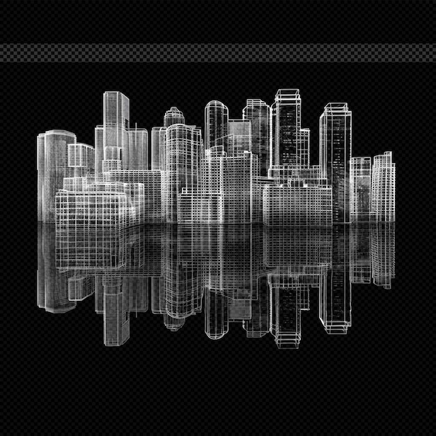 PSD city buildings line holographic sketch effect transparent background