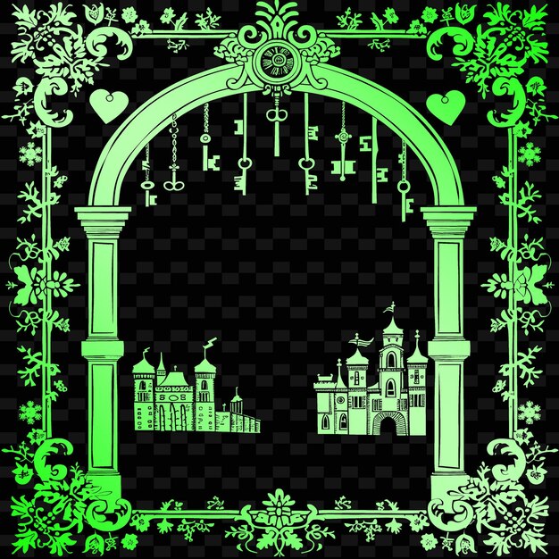 PSD city gate outline with portcullis frame and key symbol for illustration frames decor collection