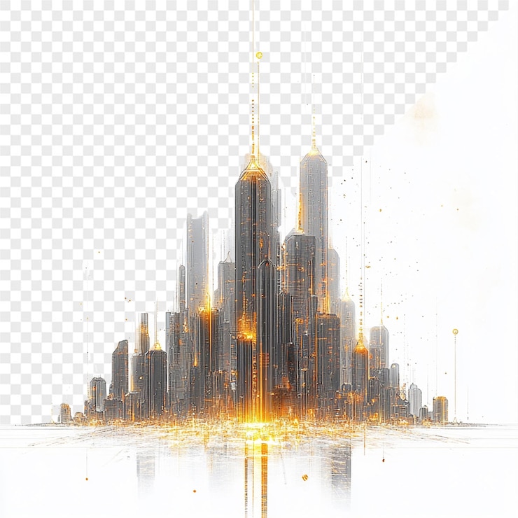 PSD a city in the middle of a picture with the word skyscrapers on it
