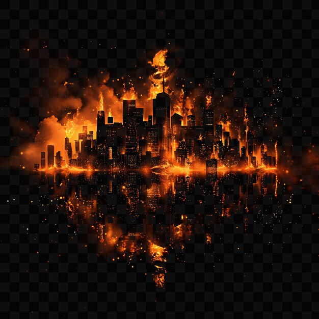 PSD a city in the night sky with fire