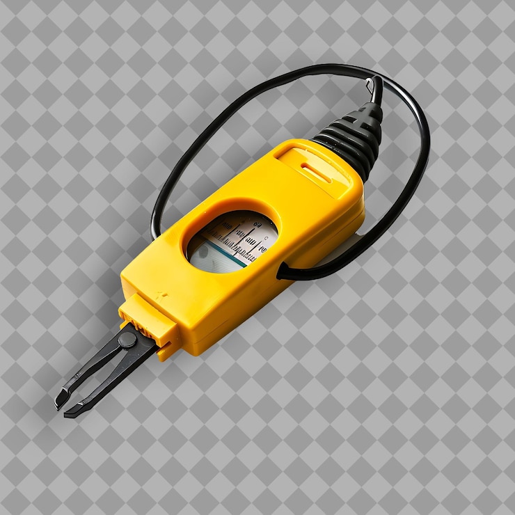 PSD clamp meter with yellow plastic body and black probe wires a isolated object on clean background