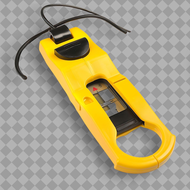 PSD clamp meter with yellow plastic body and black probe wires a isolated object on clean background
