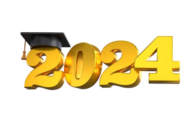 PSD classe del 2024 icona 3d congratulazioni laureati modello di progettazione con cappuccio e numeri illustrazione tipografica di laurea in oro per la cerimonia invito di biglietto di auguri per la festa isolato pgn trasparente