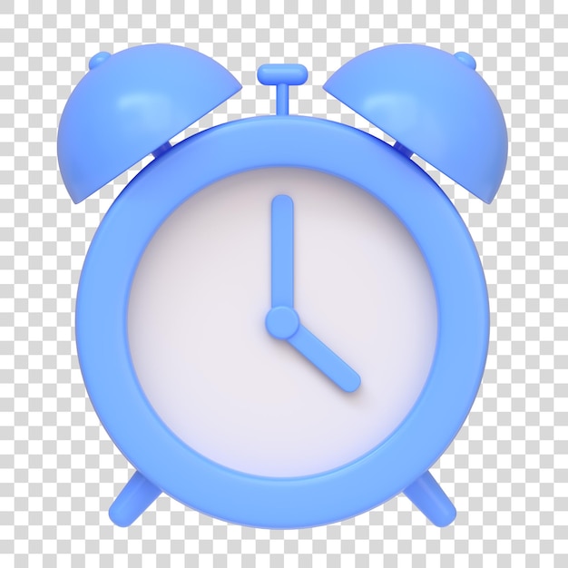Classic blue alarm clock isolated on a white background 3D icon sign and symbol Front view