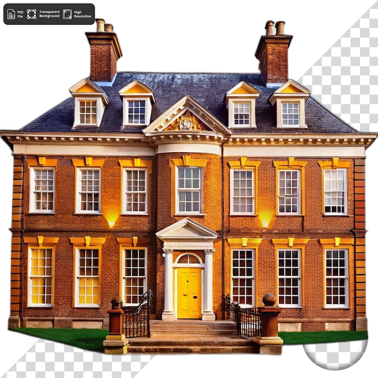 PSD classic brick house with yellow door and windows