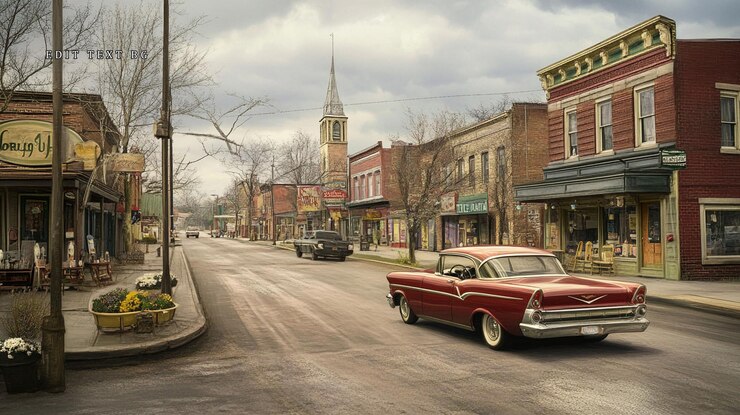 PSD classic car driving down a vintage town street on an overcast day