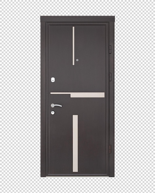 Классическая темно-коричневая входная дверь с алюминиевым молдингом. Передний план. Красивая дверь для дома.