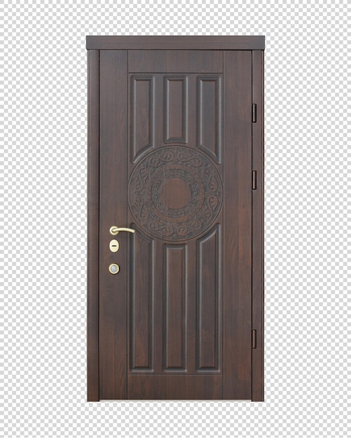 PSD classic dark brown front door with decor and patina. foreground. beautiful door for the house.